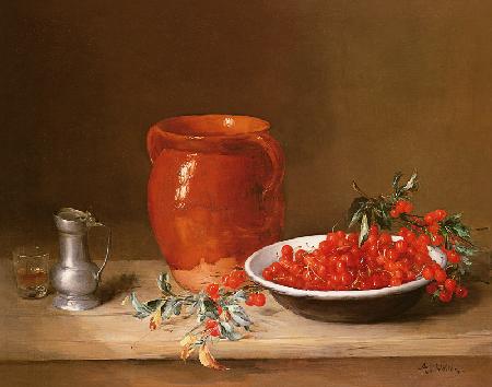 Still life of cherries in a bowl