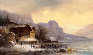 Gebirgssee im Winter mit Eisläufern von Anton Doll
