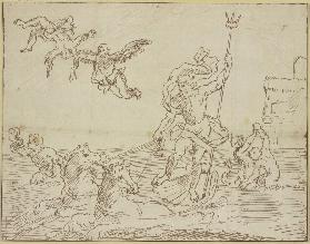 Neptun mit seinem Gespann sowie Dädalus und der Fall des Ikarus