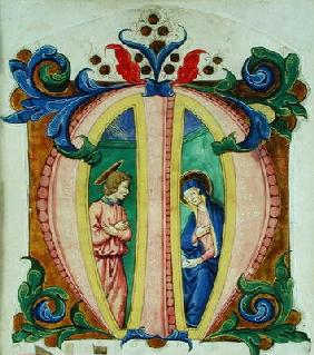 Historiated initial 'M' depicting the Annunciation (vellum) 15th