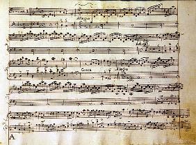 Manuscript page from the score of Opus V, ''Sonata for violin, violone, and harpsichord''