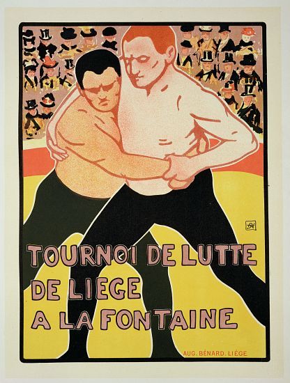 Reproduction of a poster advertising a wrestling tournament, at The Fountain, Liege, Belgium von Armand Rossenfosse