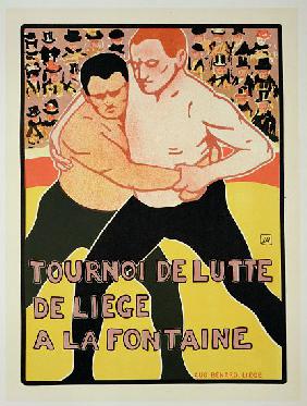 Reproduction of a poster advertising a wrestling tournament, at The Fountain, Liege, Belgium 1899