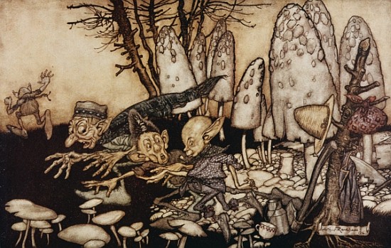 A band of workmen, who were sawing down a toadstool, rushed away, leaving their tools behind them fr von Arthur Rackham