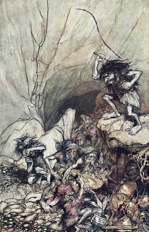 Alberich treibt eine Schar Nibelungen vor sich her. Illustration für "The Rhinegold and The Valkyrie von Arthur Rackham