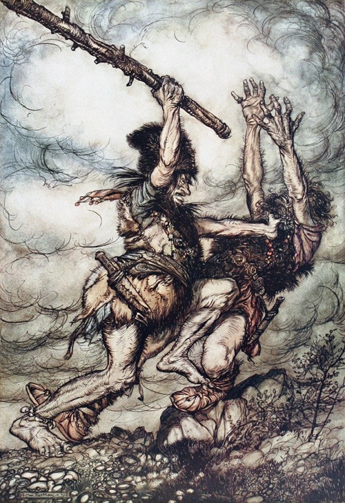 Fafner tötet seinen Bruder Fasolt. Illustration für "The Rhinegold and The Valkyrie" von Richard Wag von Arthur Rackham
