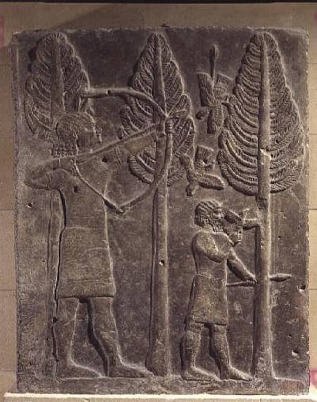Relief depicting the hunting of birds in the woods, from the Palace of Sargon II at Khorsabad, Iraq von Assyrian