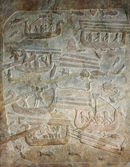 Relief depicting the unloading of wood after transportation by sea, from the Palace of Sargon II, Kh von Assyrian