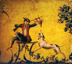 Monkey hunter and hunting dog (painted wood)