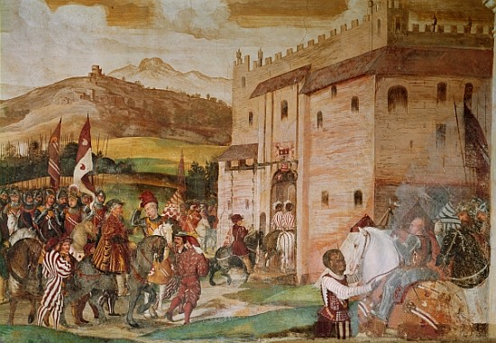 Reception of King Christian I of Denmark the condottiere, Bartolomeo Colleoni, at the Castle of Malp von (attr.to) Girolamo Romanino