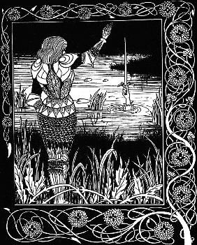 Arthur bekommt Excalibur. Illustration für das Buch "Le Morte Darthur" von Sir Thomas Malory