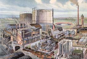 Cross section of a gas factory (colour engraving) 19th