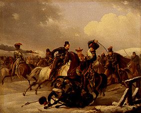 Kosaken überfallen eine französische Einheit. von August Joseph Desarnod d.Ä.