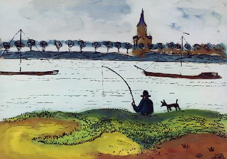 Flußlandschaft mit Angler um 1911