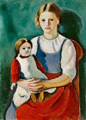 Blondes Mädchen mit Puppe 1910