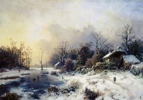 Winterlandschaft mit gefrorenem Teich. um 1850