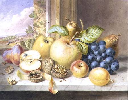 A Still Life of Apples, Grapes, Pears, Plums and Walnuts on a Window Ledge von Augusta Innes Withers