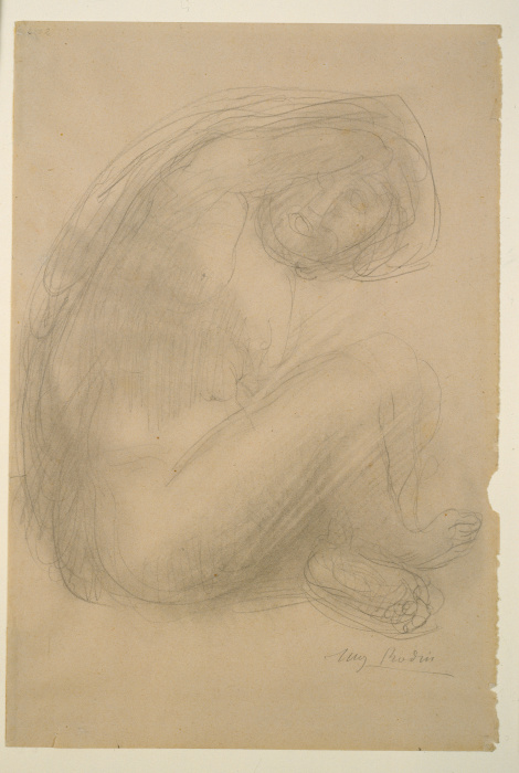 Frau im Schneidersitz mit über den Kopf geschlagenem Arm von Auguste Rodin