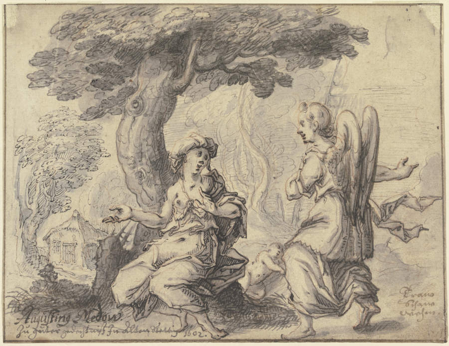 Der Hagar, die unter einem Baum sitzt, erscheint von rechts kommend ein Engel, zwischen ihnen liegt  von Augustin Medow