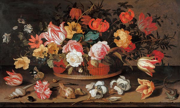 Rosen, Tulpen, Lilien und andere Blumen in einem Korb. von Balthasar van der Ast