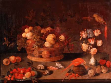A Still Life of Peaches, Apples and Grapes in a Wicker Basket, Flowers in a Chinese Vase and Two Par von Balthasar van der Ast