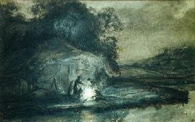 Nocturnal landscape with a river and shepherds