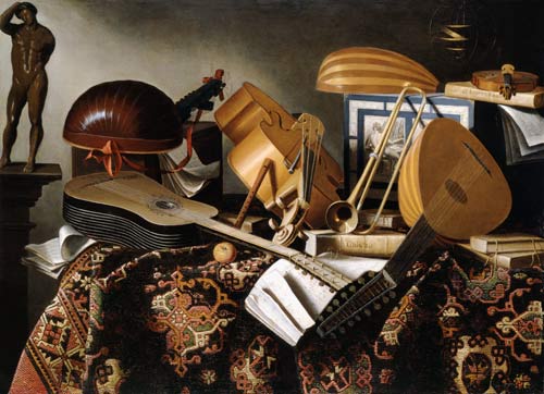 Musikinstrumente, Notenblätter und Bücher von Bartolomeo Bettera