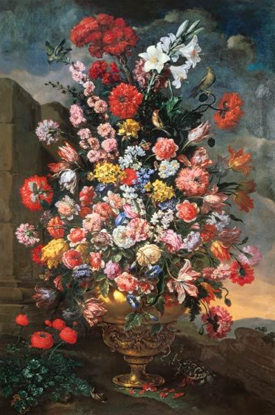 Lilies, Tulips, Carnations, Peonies, Convolvuli And Other Flowers In A Bronze Urn With Birds 1718