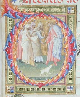 Ms 518 f.1r Historiated initial 'O' depicting Tobias and the Angel (vellum) 06th-
