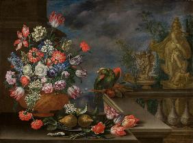 Stillleben mit Blumenvase, Zitrusfrüchten, Papagei und Brunnenskulptur 1688