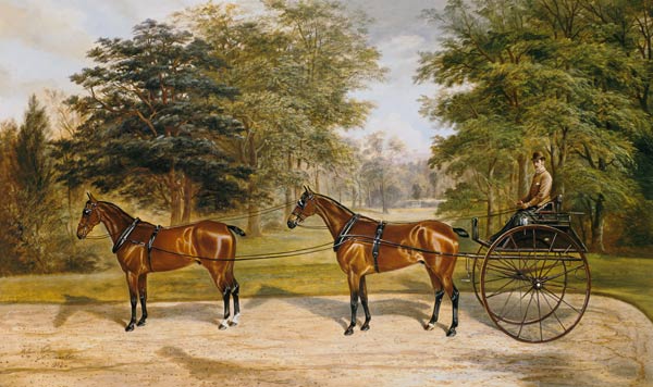 Two horses, harnessed in tandem, pulling a carriage von Benjamin Cam Norton