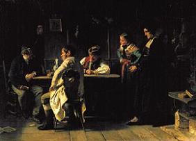 Frauen überraschen ihre Männer während des Gottesdienstes beim Kartenspiel 1862