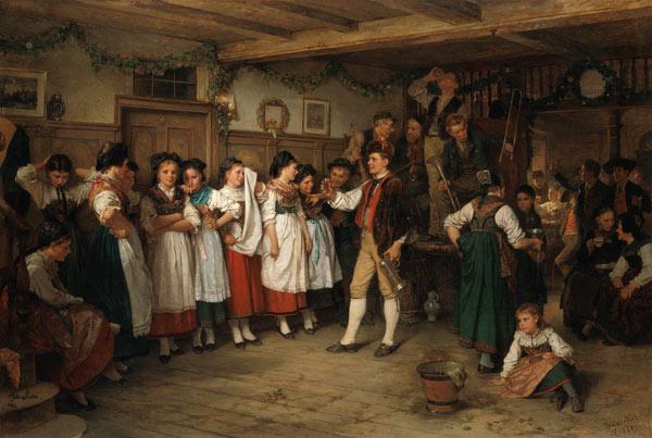 Tanzpause bei einer elsässischen Bauernhochzeit. 1878