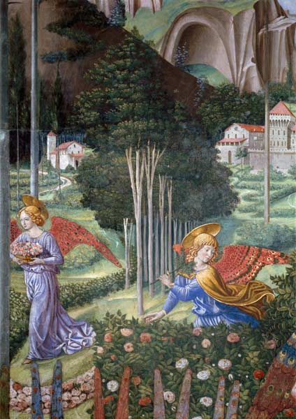 Angel gathering flowers in a heavenly landscape, detail from the Journey of the Magi cycle in the ch von Benozzo Gozzoli
