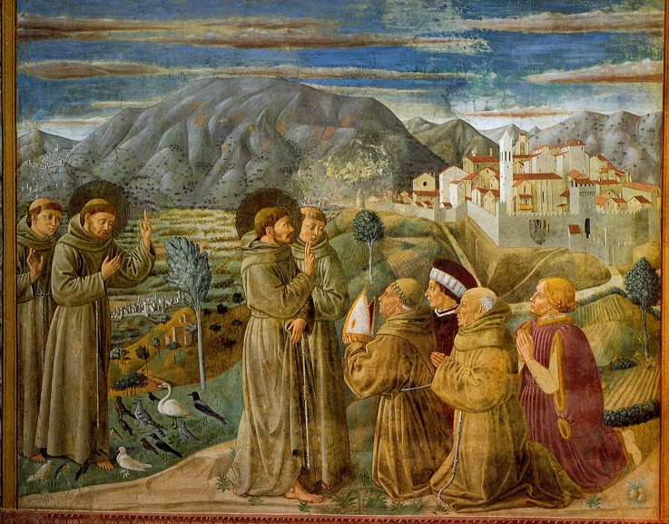 Heiliger Franziskus predigt zu den Vögeln (Freskenzyklus der Franziskuslegende) von Benozzo Gozzoli