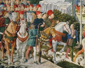 Galeazzo Maria Sforza, Duke of Milan (1444-76), extreme left, on a brown horse and Sigismondo Pandol c.1460  (d