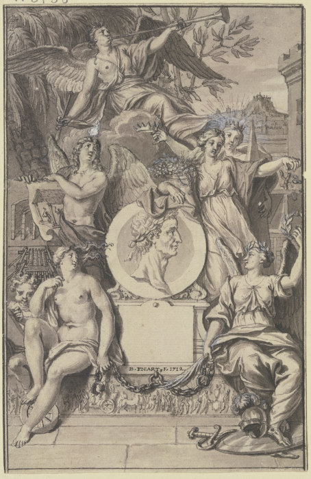 Abundantia hält das Medaillon eines mit Lorbeer gekrönten Mannes, oben schwebt ein Faun von Bernard Picart