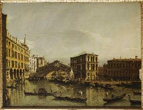 Der Canal Grande in Venedig mit dem Fondaco dei Tedeschi, der Rialtobrücke, dem Palazzo dei Camerlen