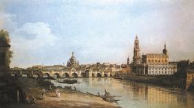 Dresden von Neustadt aus mit Hof- und Frauenkirche 1747