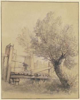 Weidenbaum bei einer Holzbrücke, über die ein Mann schreitet