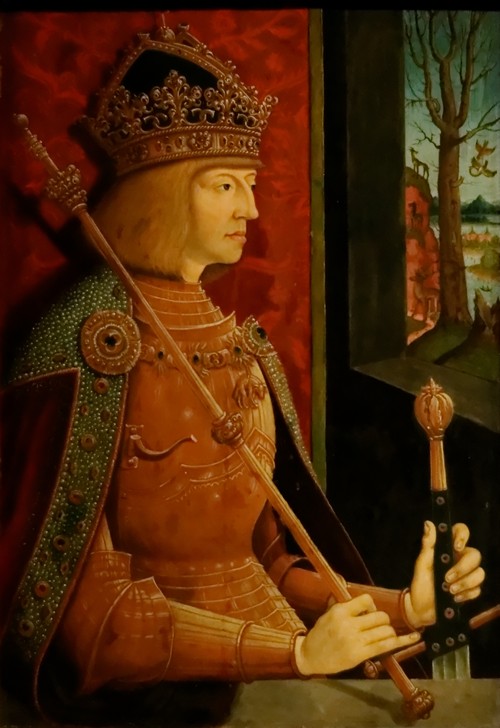 Maximilian I. (1459-1519), Bildnis in halber Figur im goldenen Harnisch von Bernhard Strigel