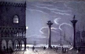 Nocturnal Scene of Palazzo Ducale and the Two Columns, Venice, engraved by Brizeghel (litho) 16th