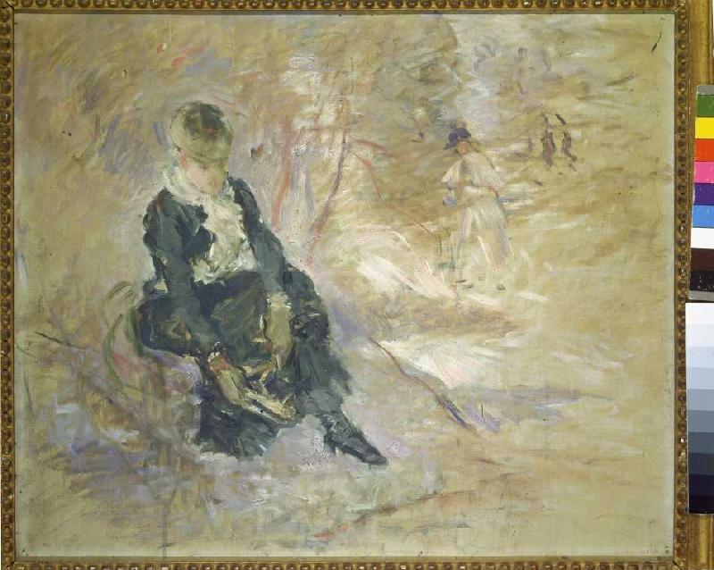 Junge Frau beim Schlittschuhanziehen von Berthe Morisot