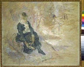 Junge Frau beim Schlittschuhanziehen 1880