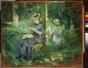 Handarbeitende junge Frau im Garten 1884