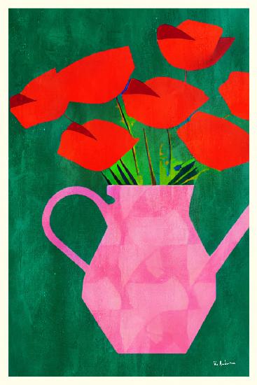 Rote Mohnblumen in einer rosa Vase