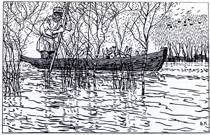 Illustration zum Gedicht "Großvater Masaj und die Hasen" von N. Nekrassow von Boris Michailowitsch Kustodiev