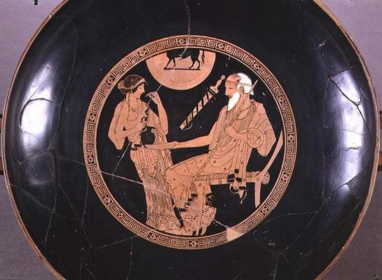 Attic red-figure cup depicting Phoenix and Briseis, Achilles' captive, Greek, c.490 BC (pottery) (se von Brygos Painter