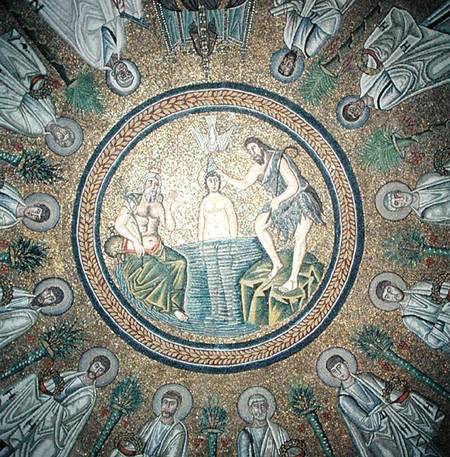 Baptism of Christ, surrounded by the Twelve Apostles von Byzantine School
