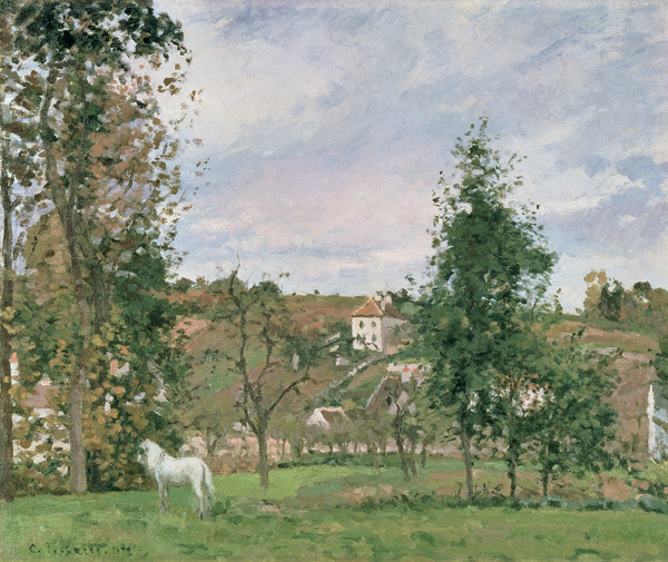 Landschaft mit weißem Pferd auf einer Wiese, L´Hermitage von Camille Pissarro